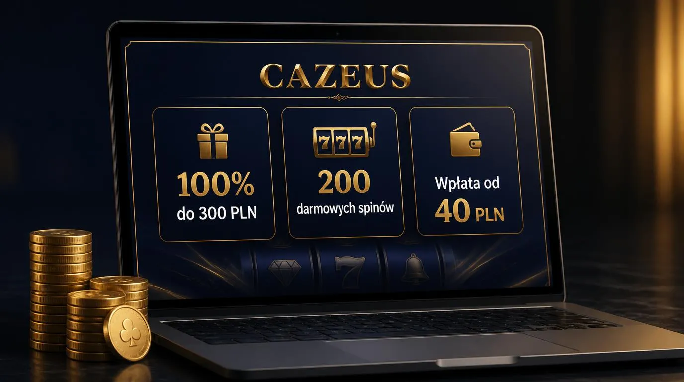 Ekran promocji kasynowej z bonusem do 300 PLN, 200 darmowymi spinami i minimalną wpłatą 40 PLN